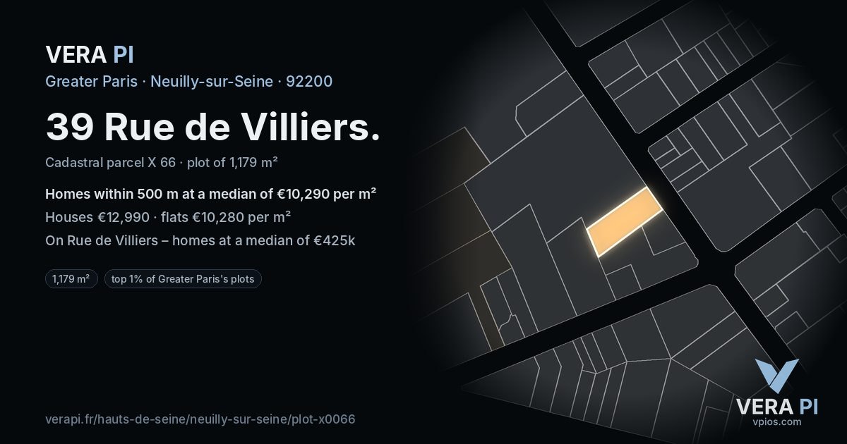 39 Rue de Villiers, Neuilly-sur-Seine at night – the plot lit, the parcels around coloured by the prices near them
