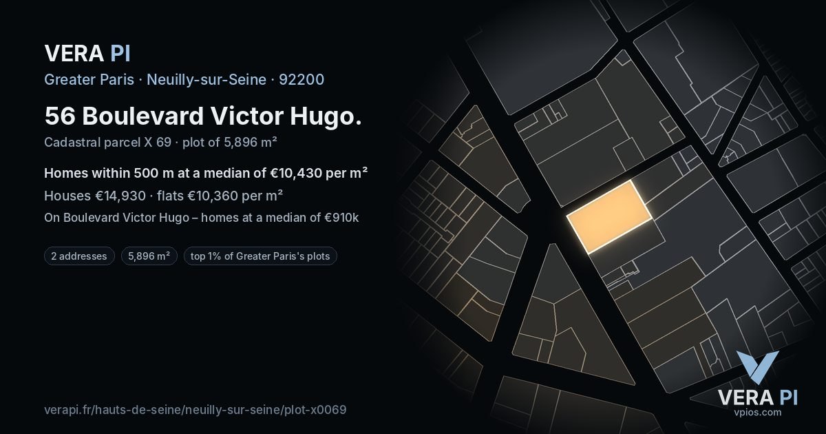 56 Boulevard Victor Hugo, Neuilly-sur-Seine at night – the plot lit, the parcels around coloured by the prices near them