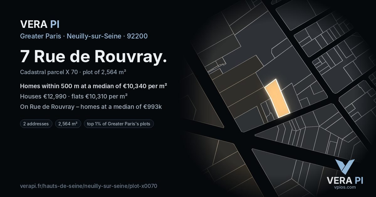 7 Rue de Rouvray, Neuilly-sur-Seine at night – the plot lit, the parcels around coloured by the prices near them