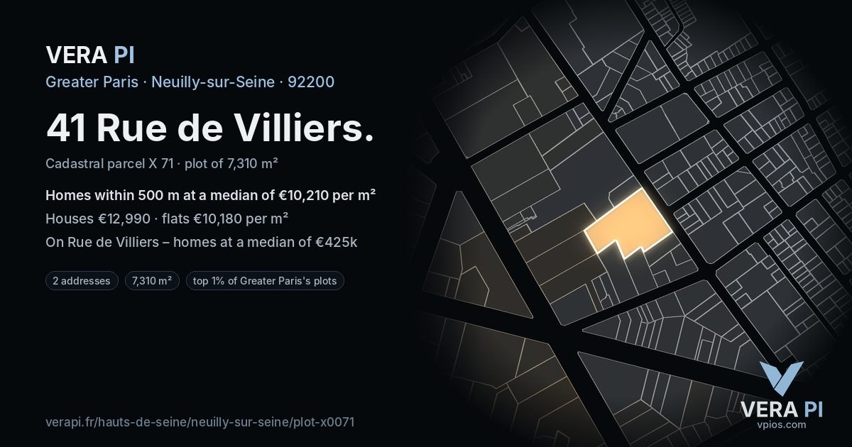 41 Rue de Villiers, Neuilly-sur-Seine at night – the plot lit, the parcels around coloured by the prices near them