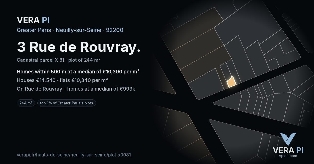 3 Rue de Rouvray, Neuilly-sur-Seine at night – the plot lit, the parcels around coloured by the prices near them