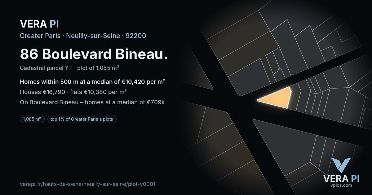 86 Boulevard Bineau, Neuilly-sur-Seine at night – the plot lit, the parcels around coloured by the prices near them