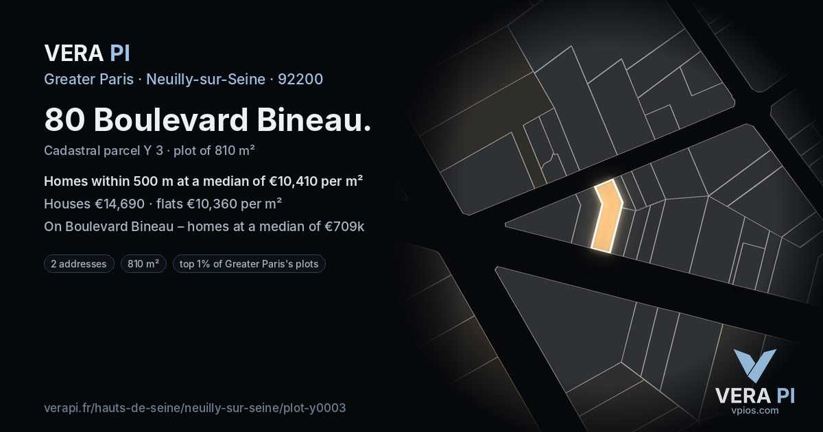 80 Boulevard Bineau, Neuilly-sur-Seine at night – the plot lit, the parcels around coloured by the prices near them