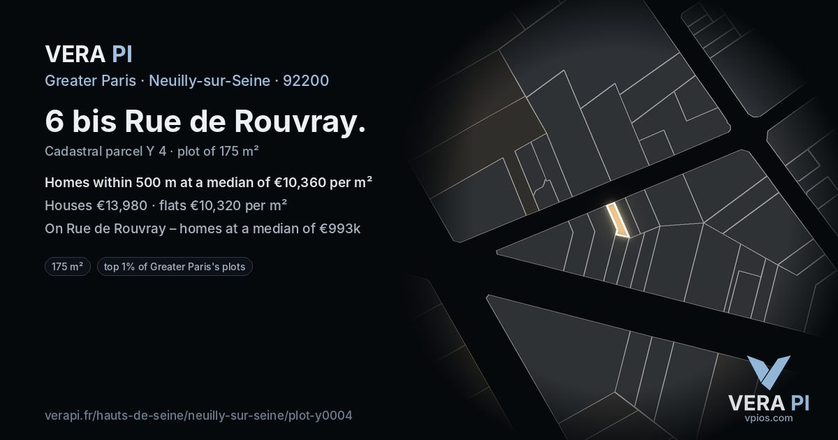 6 bis Rue de Rouvray, Neuilly-sur-Seine at night – the plot lit, the parcels around coloured by the prices near them