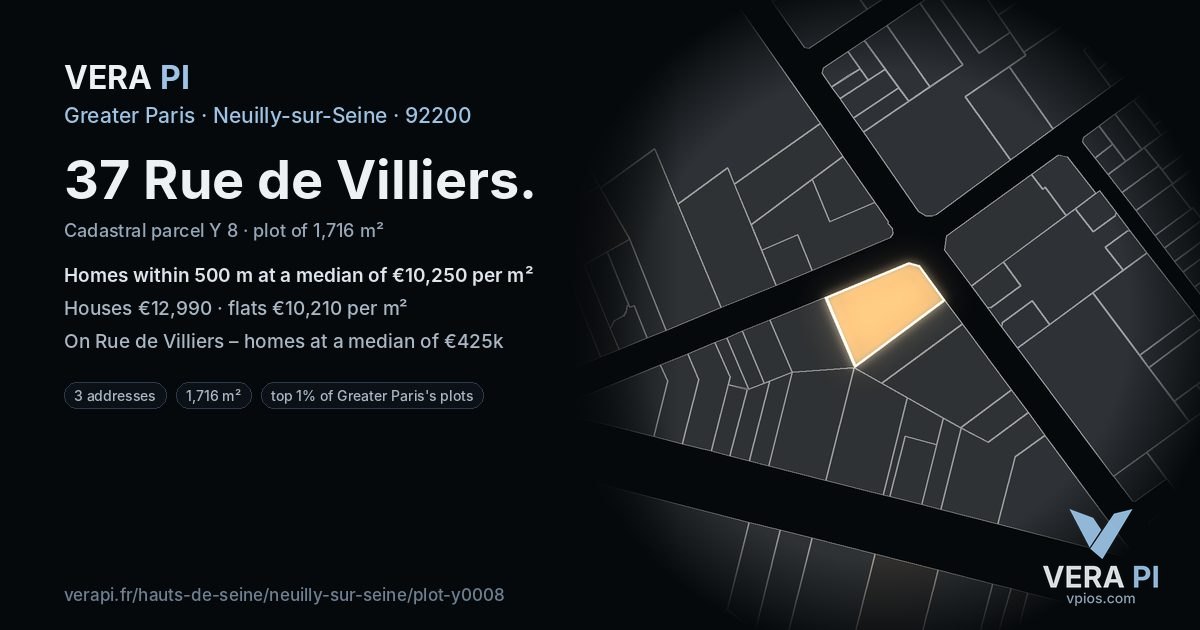37 Rue de Villiers, Neuilly-sur-Seine at night – the plot lit, the parcels around coloured by the prices near them