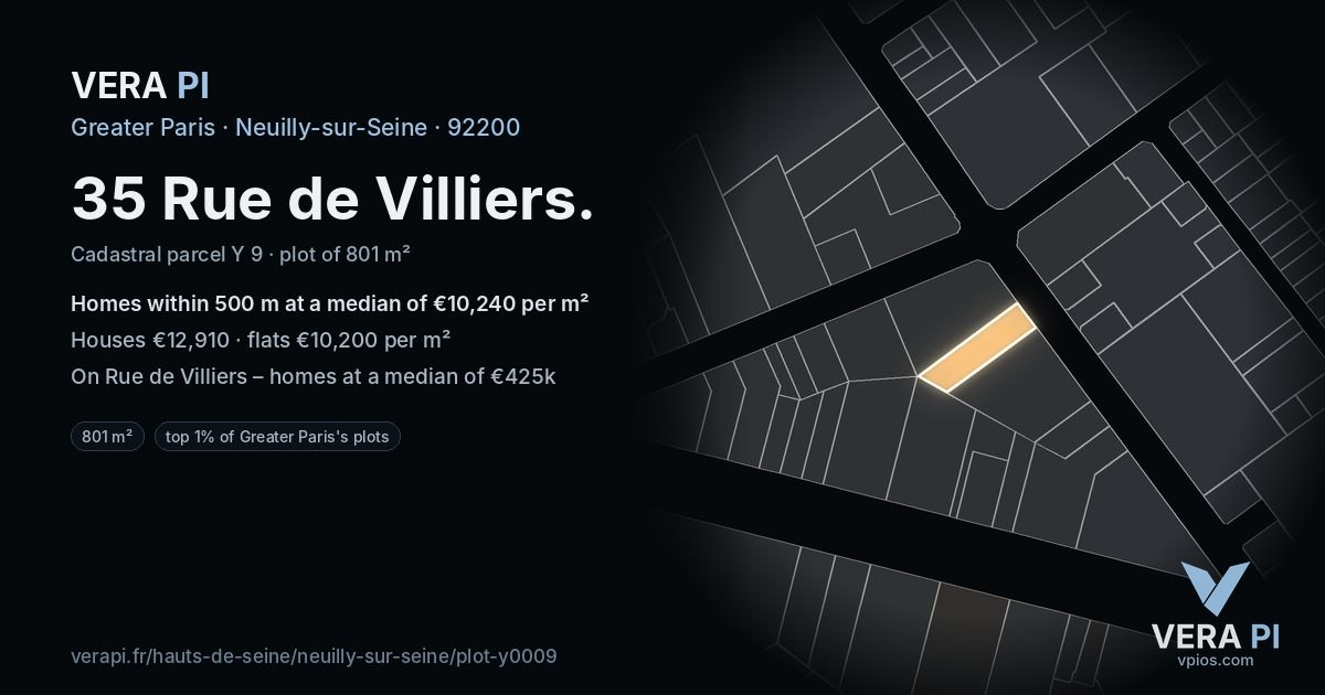 35 Rue de Villiers, Neuilly-sur-Seine at night – the plot lit, the parcels around coloured by the prices near them