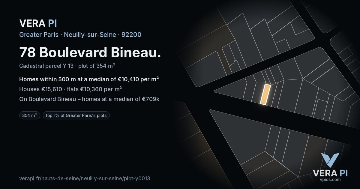 78 Boulevard Bineau, Neuilly-sur-Seine at night – the plot lit, the parcels around coloured by the prices near them