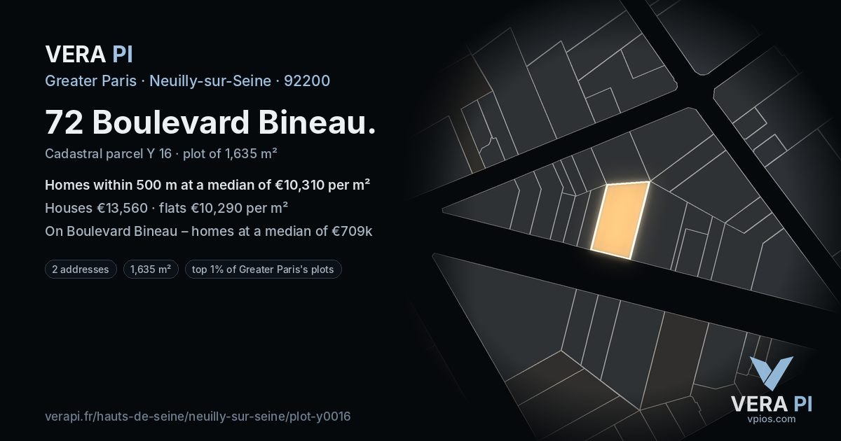 72 Boulevard Bineau, Neuilly-sur-Seine at night – the plot lit, the parcels around coloured by the prices near them