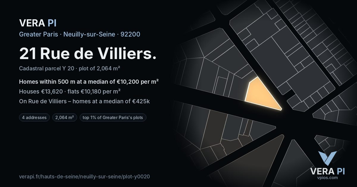 21 Rue de Villiers, Neuilly-sur-Seine at night – the plot lit, the parcels around coloured by the prices near them