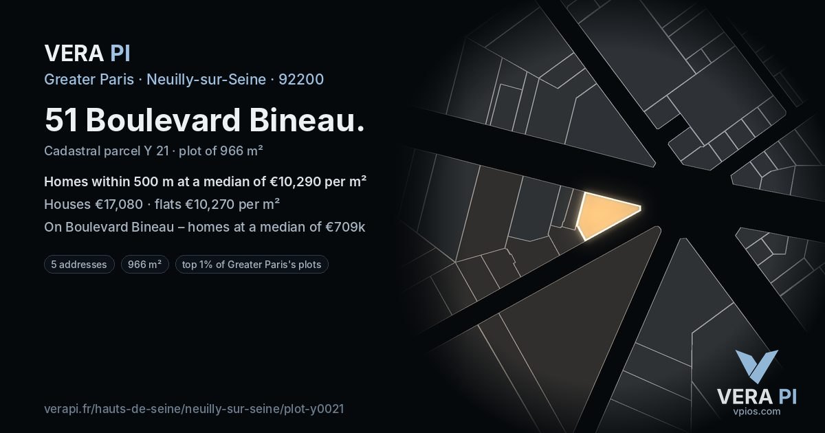 51 Boulevard Bineau, Neuilly-sur-Seine at night – the plot lit, the parcels around coloured by the prices near them