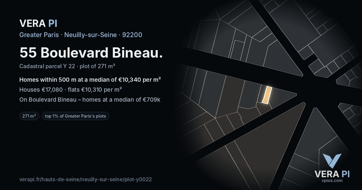 55 Boulevard Bineau, Neuilly-sur-Seine at night – the plot lit, the parcels around coloured by the prices near them