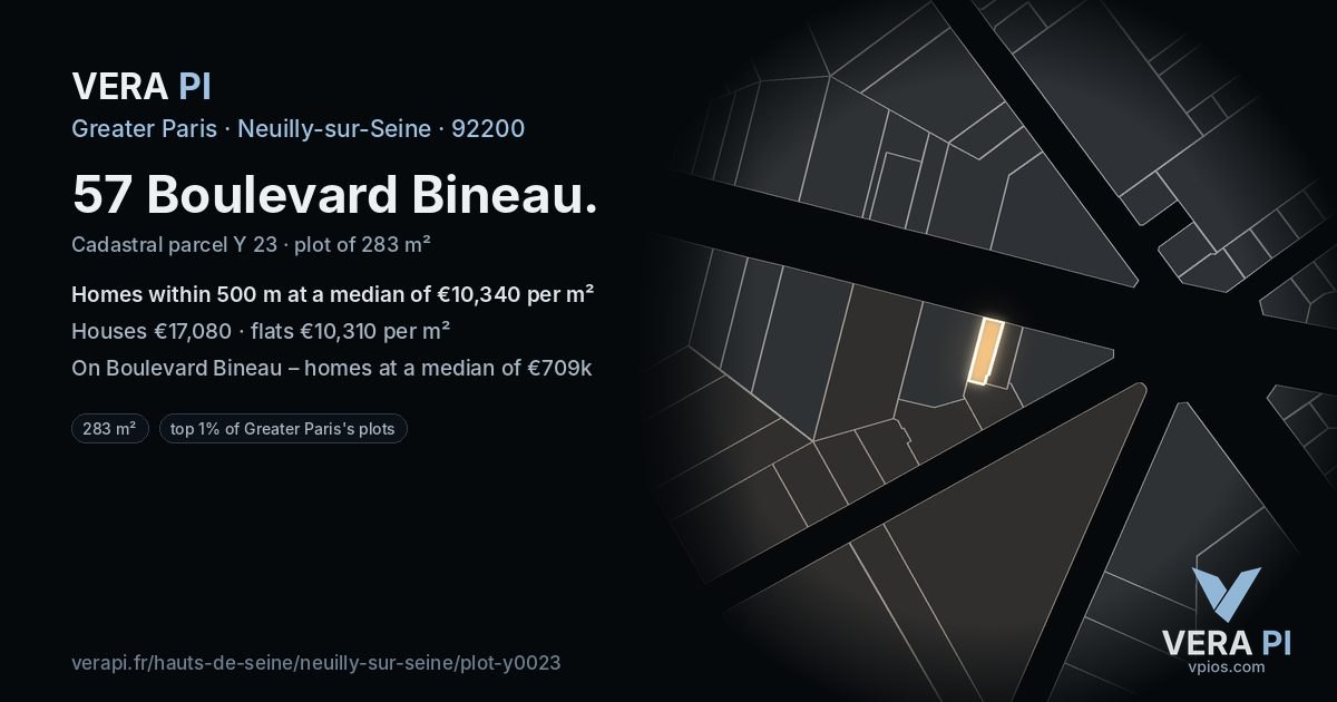 57 Boulevard Bineau, Neuilly-sur-Seine at night – the plot lit, the parcels around coloured by the prices near them