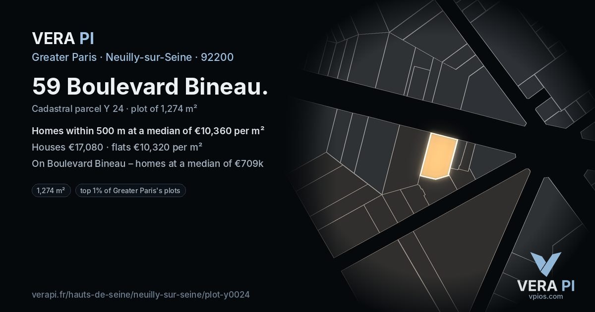 59 Boulevard Bineau, Neuilly-sur-Seine at night – the plot lit, the parcels around coloured by the prices near them