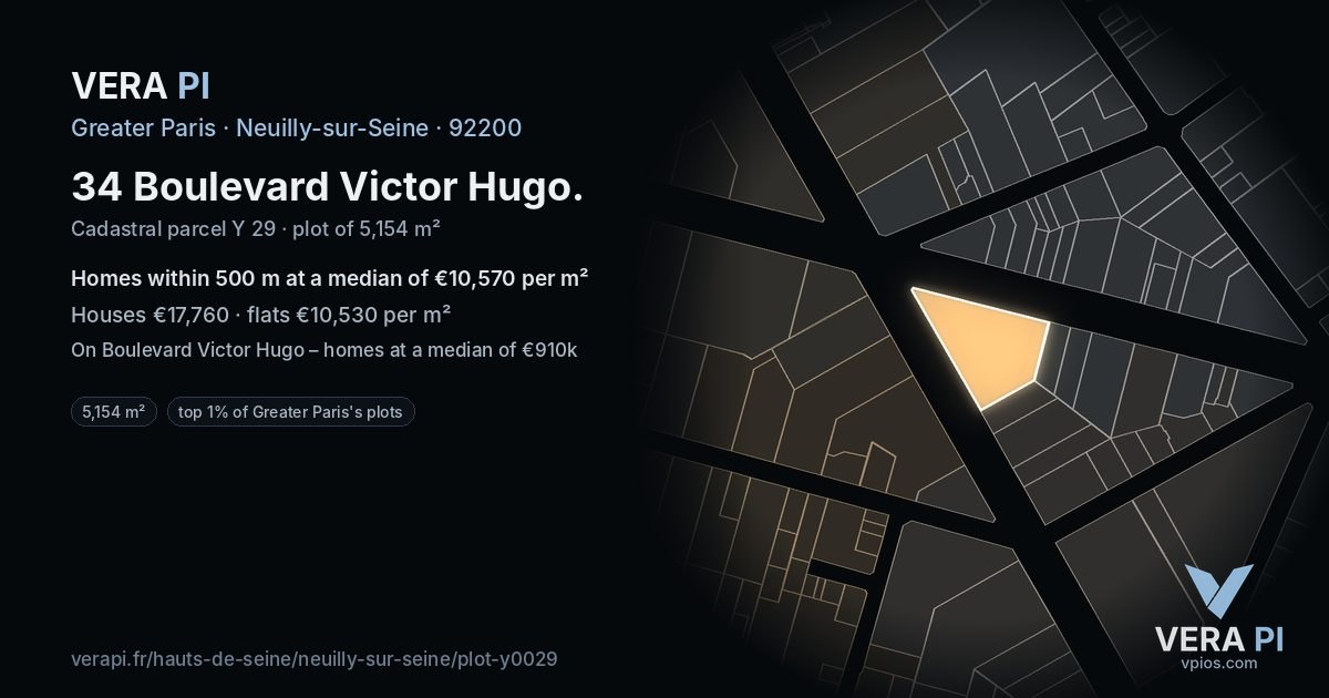 34 Boulevard Victor Hugo, Neuilly-sur-Seine at night – the plot lit, the parcels around coloured by the prices near them
