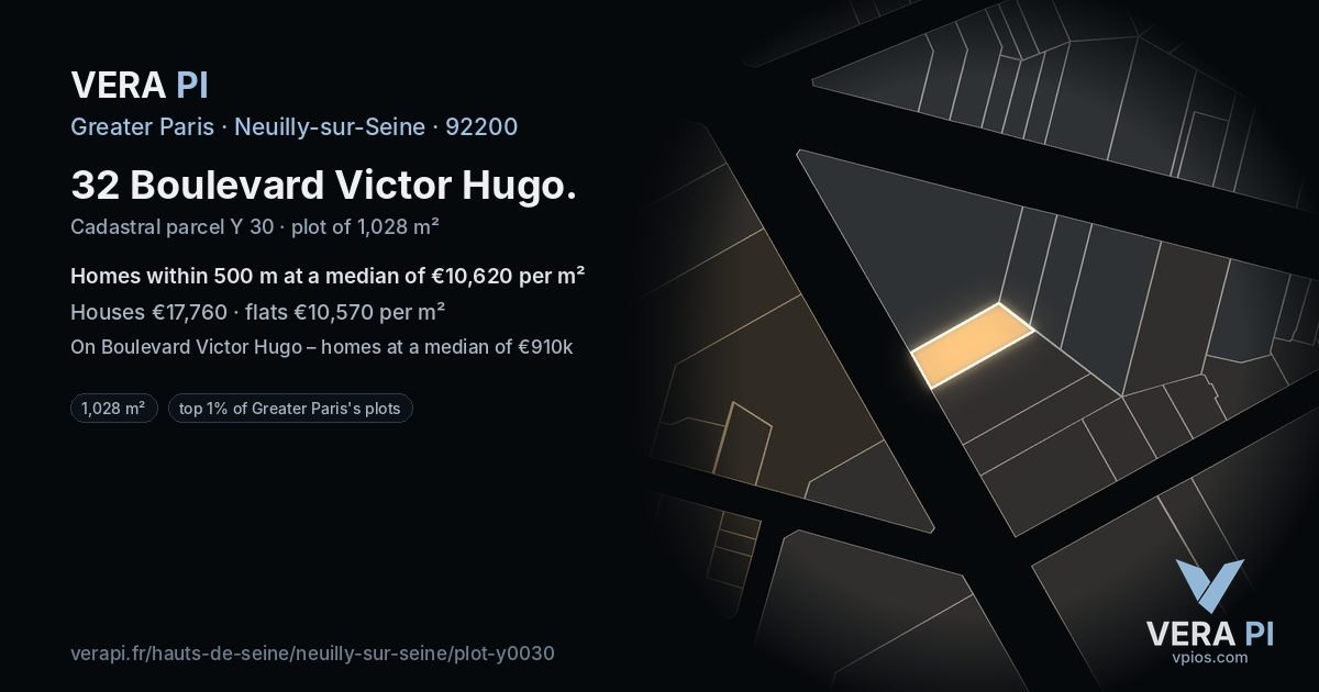 32 Boulevard Victor Hugo, Neuilly-sur-Seine at night – the plot lit, the parcels around coloured by the prices near them