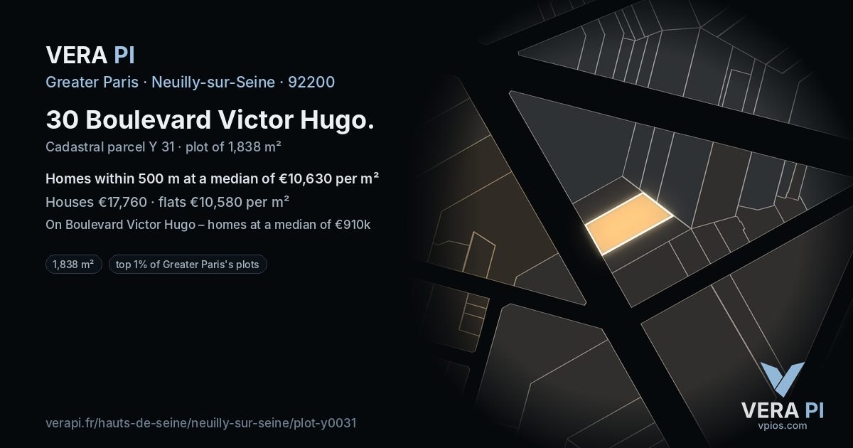 30 Boulevard Victor Hugo, Neuilly-sur-Seine at night – the plot lit, the parcels around coloured by the prices near them