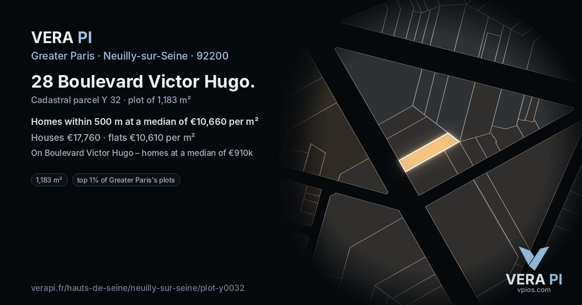28 Boulevard Victor Hugo, Neuilly-sur-Seine at night – the plot lit, the parcels around coloured by the prices near them