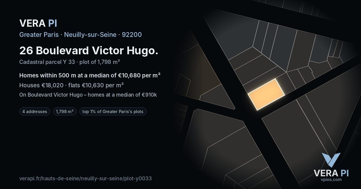 26 Boulevard Victor Hugo, Neuilly-sur-Seine at night – the plot lit, the parcels around coloured by the prices near them