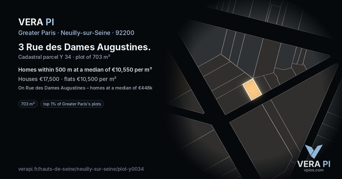3 Rue des Dames Augustines, Neuilly-sur-Seine at night – the plot lit, the parcels around coloured by the prices near them