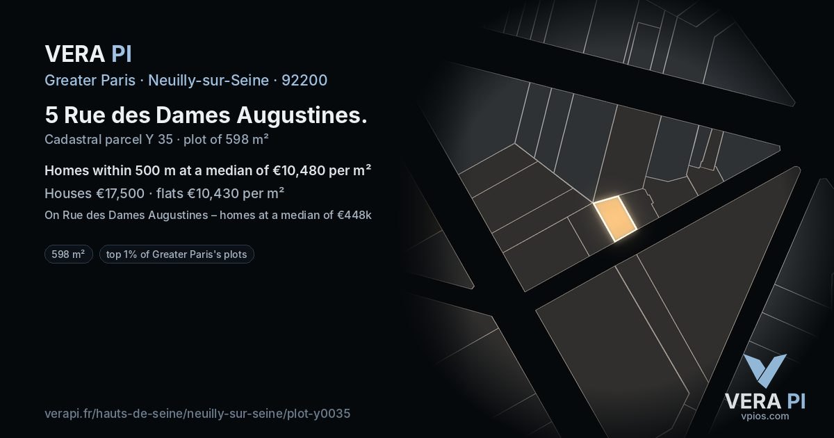 5 Rue des Dames Augustines, Neuilly-sur-Seine at night – the plot lit, the parcels around coloured by the prices near them