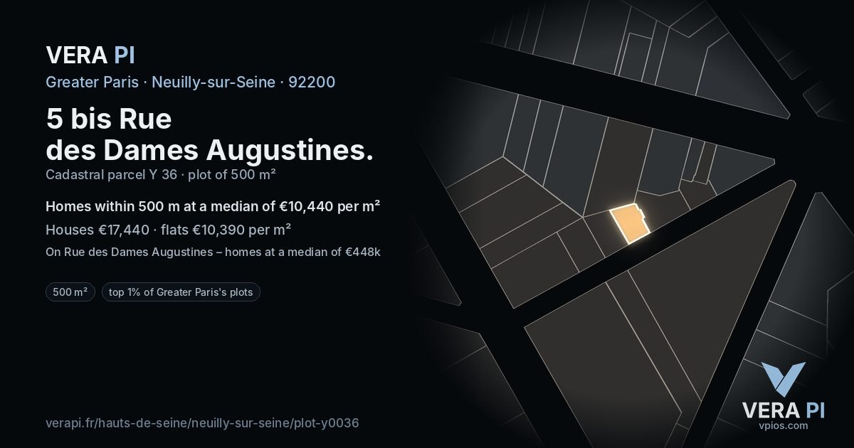 5 bis Rue des Dames Augustines, Neuilly-sur-Seine at night – the plot lit, the parcels around coloured by the prices near them