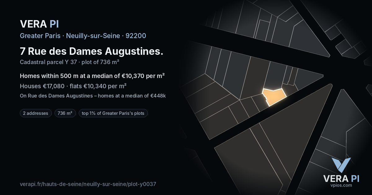 7 Rue des Dames Augustines, Neuilly-sur-Seine at night – the plot lit, the parcels around coloured by the prices near them