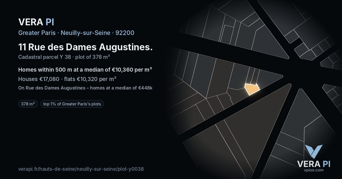 11 Rue des Dames Augustines, Neuilly-sur-Seine at night – the plot lit, the parcels around coloured by the prices near them