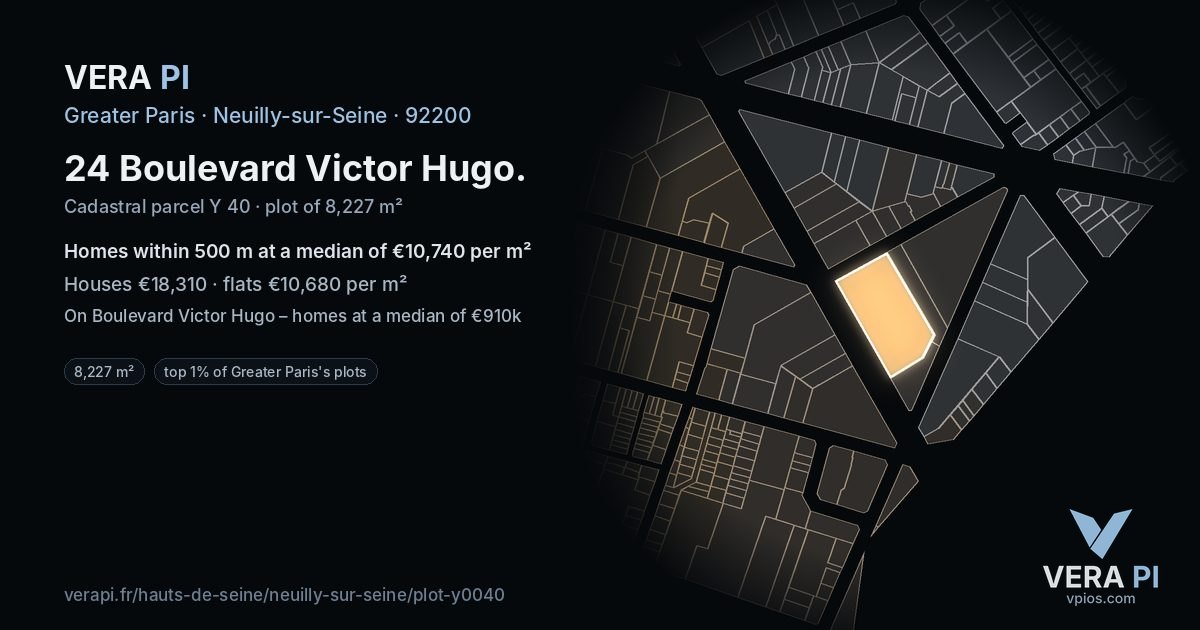 24 Boulevard Victor Hugo, Neuilly-sur-Seine at night – the plot lit, the parcels around coloured by the prices near them