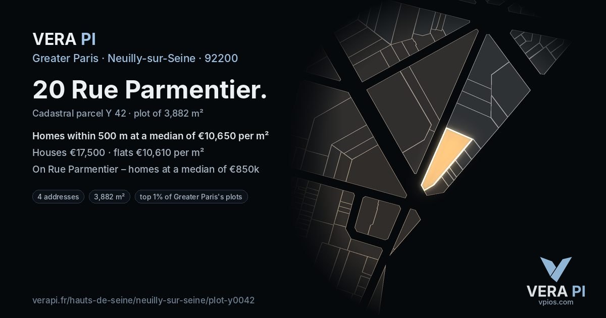 20 Rue Parmentier, Neuilly-sur-Seine at night – the plot lit, the parcels around coloured by the prices near them