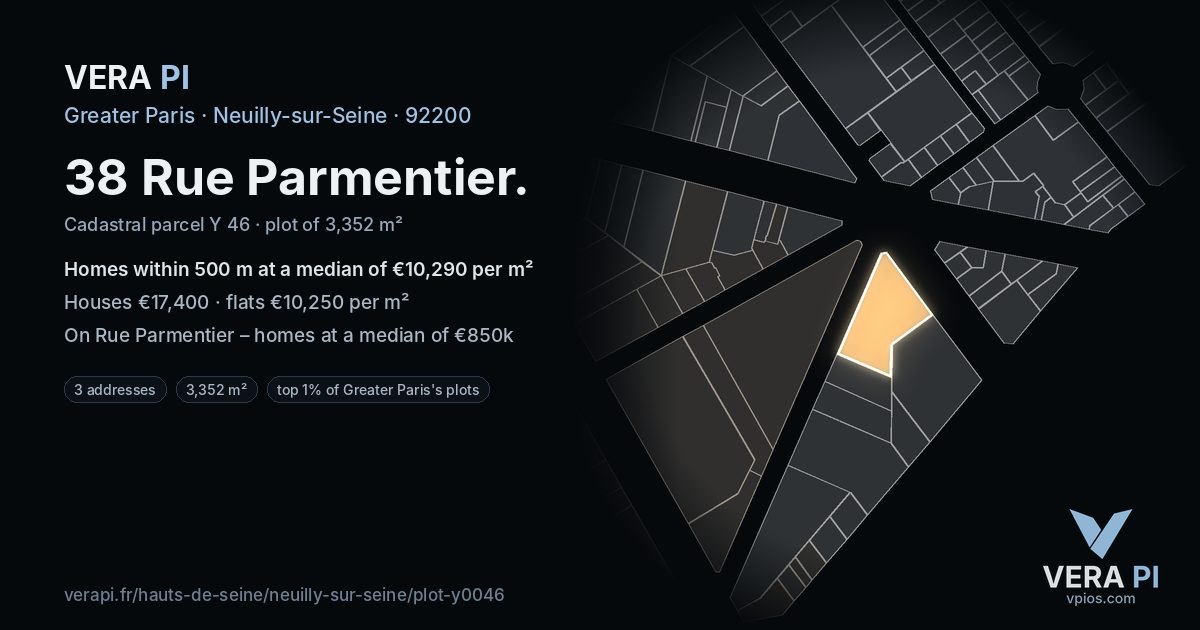 38 Rue Parmentier, Neuilly-sur-Seine at night – the plot lit, the parcels around coloured by the prices near them
