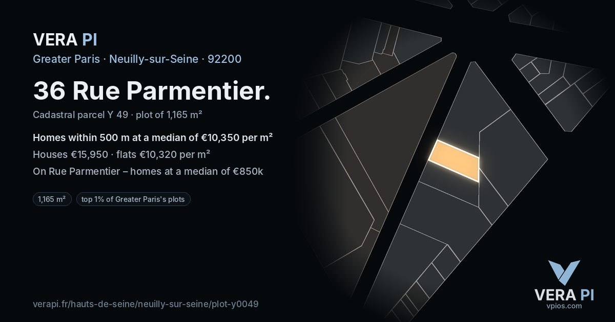 36 Rue Parmentier, Neuilly-sur-Seine at night – the plot lit, the parcels around coloured by the prices near them