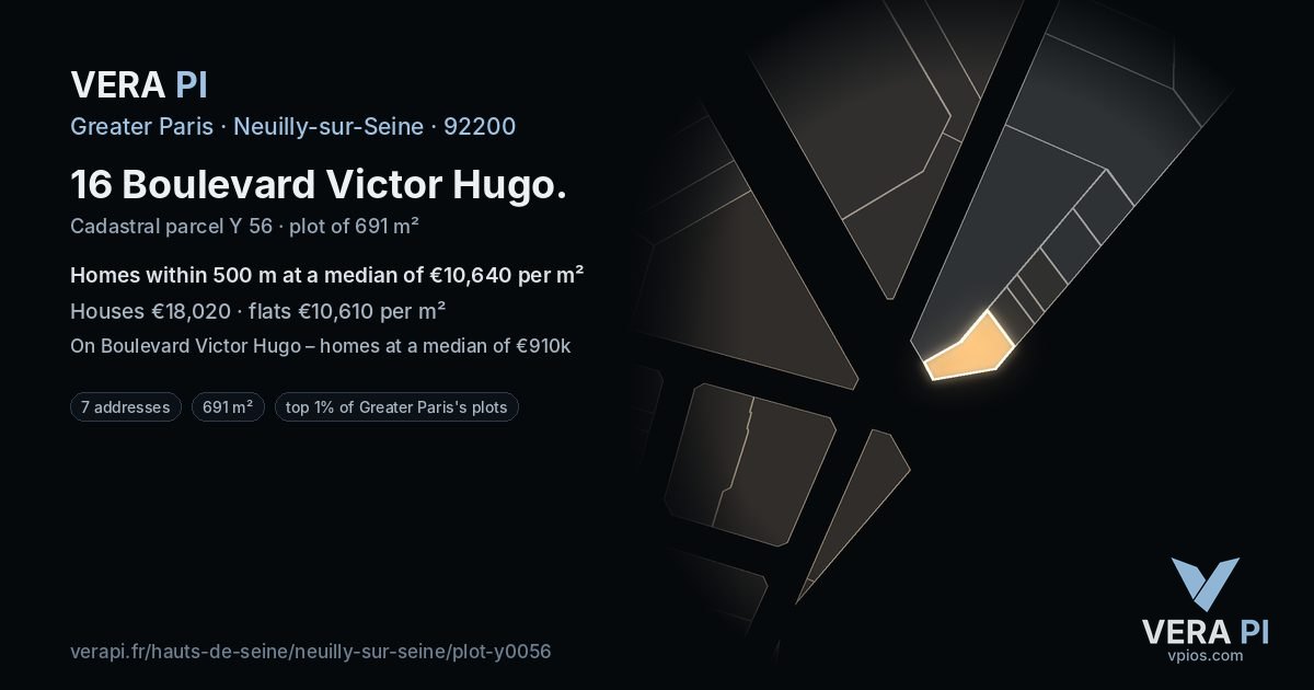 16 Boulevard Victor Hugo, Neuilly-sur-Seine at night – the plot lit, the parcels around coloured by the prices near them