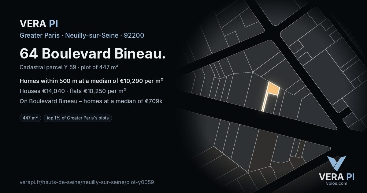 64 Boulevard Bineau, Neuilly-sur-Seine at night – the plot lit, the parcels around coloured by the prices near them