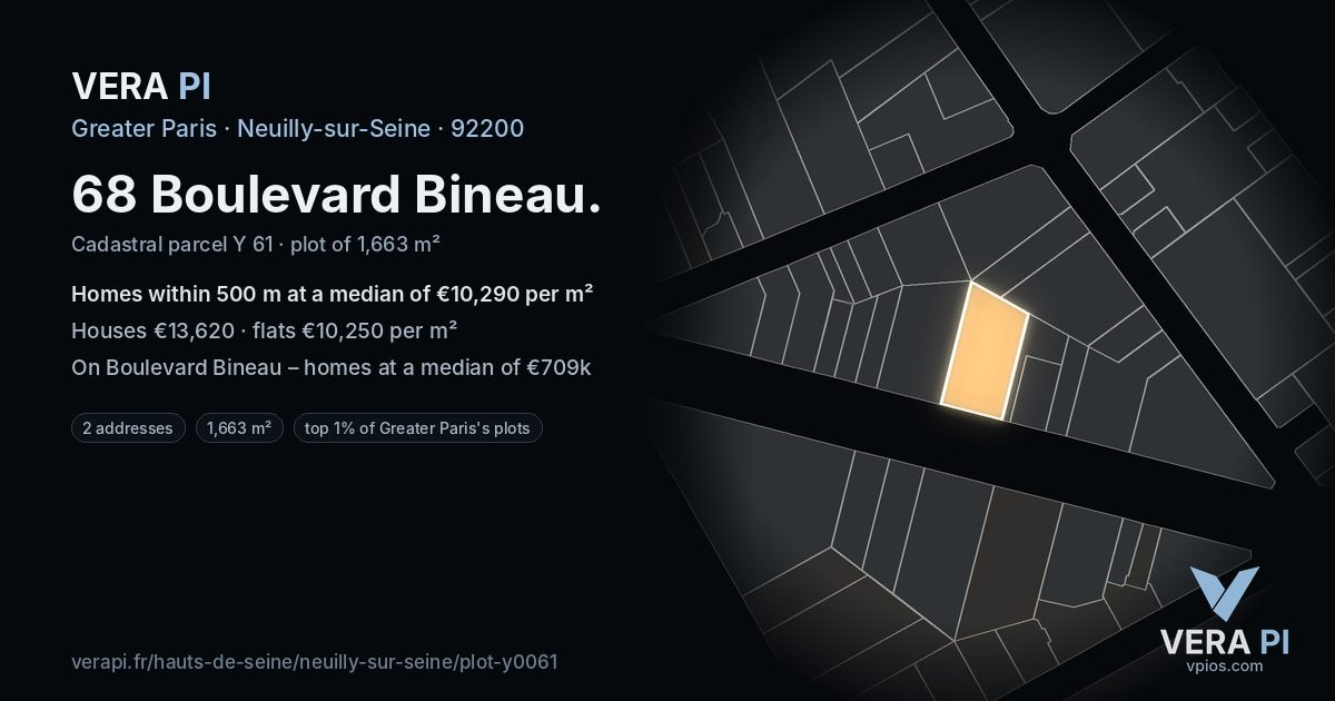 68 Boulevard Bineau, Neuilly-sur-Seine at night – the plot lit, the parcels around coloured by the prices near them