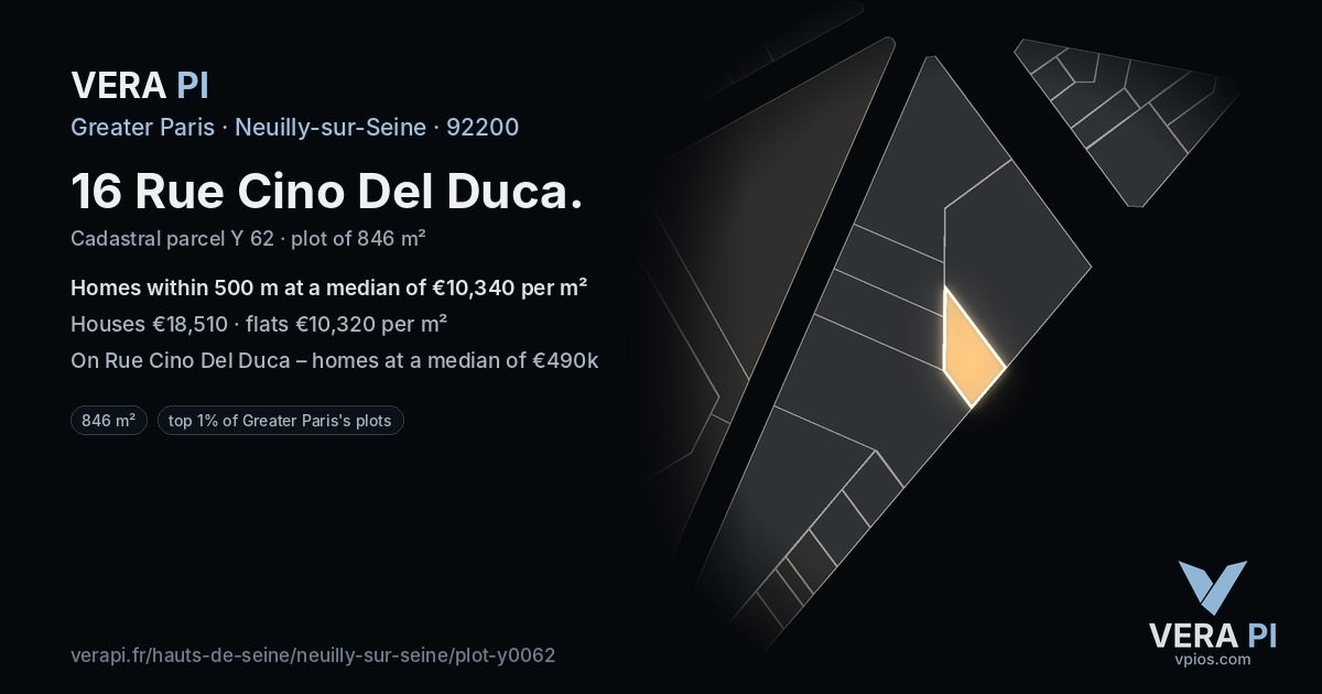 16 Rue Cino Del Duca, Neuilly-sur-Seine at night – the plot lit, the parcels around coloured by the prices near them