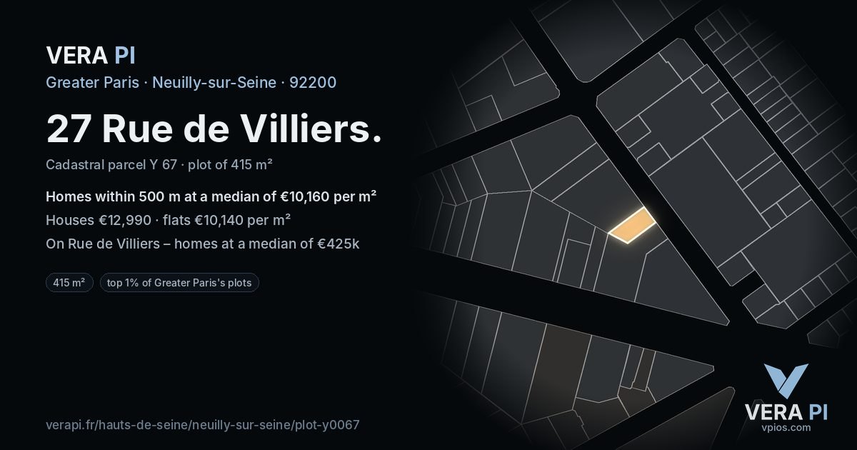 27 Rue de Villiers, Neuilly-sur-Seine at night – the plot lit, the parcels around coloured by the prices near them