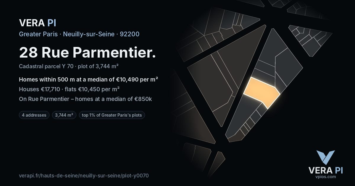 28 Rue Parmentier, Neuilly-sur-Seine at night – the plot lit, the parcels around coloured by the prices near them