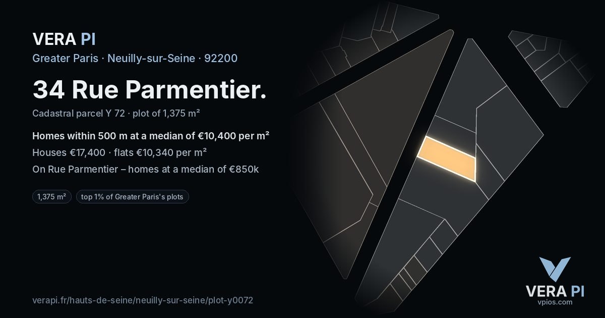 34 Rue Parmentier, Neuilly-sur-Seine at night – the plot lit, the parcels around coloured by the prices near them