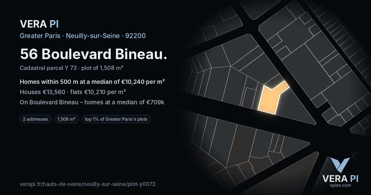 56 Boulevard Bineau, Neuilly-sur-Seine at night – the plot lit, the parcels around coloured by the prices near them