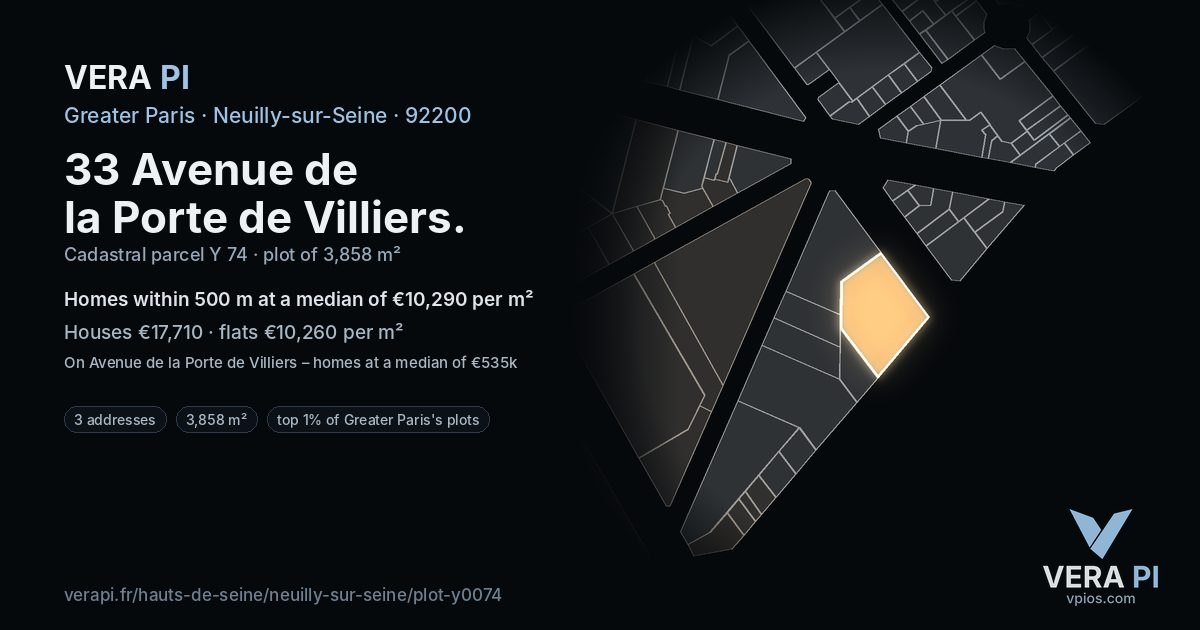 33 Avenue de la Porte de Villiers, Neuilly-sur-Seine at night – the plot lit, the parcels around coloured by the prices near them