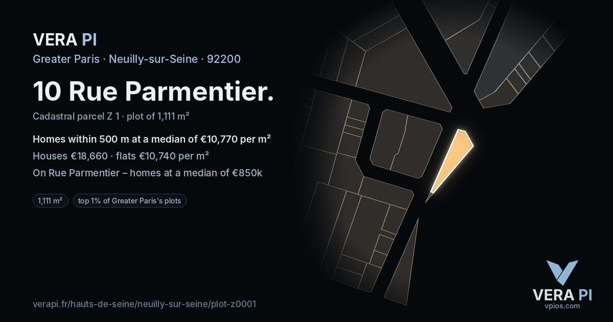 10 Rue Parmentier, Neuilly-sur-Seine at night – the plot lit, the parcels around coloured by the prices near them
