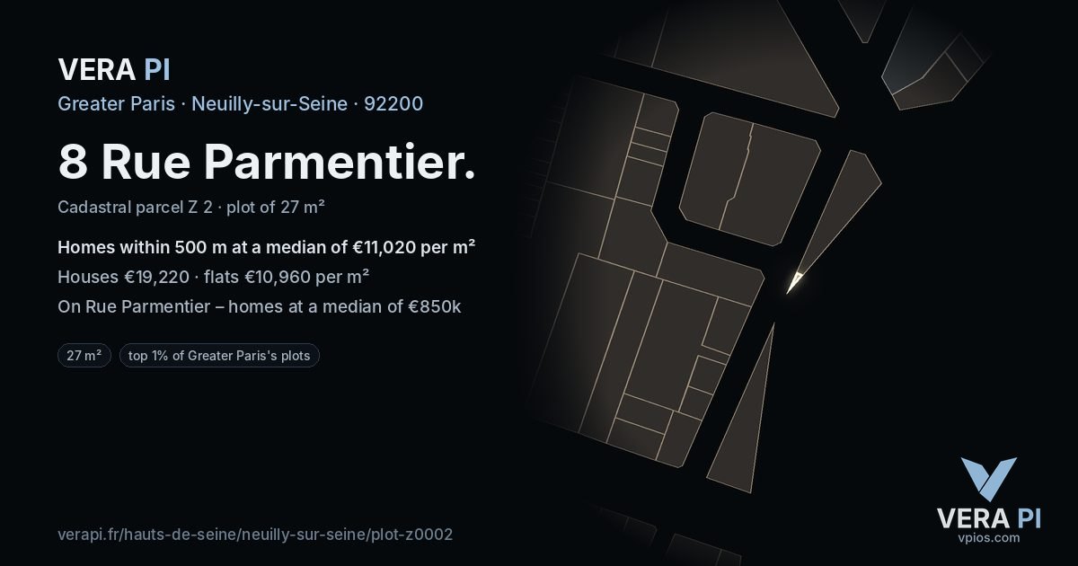 8 Rue Parmentier, Neuilly-sur-Seine at night – the plot lit, the parcels around coloured by the prices near them