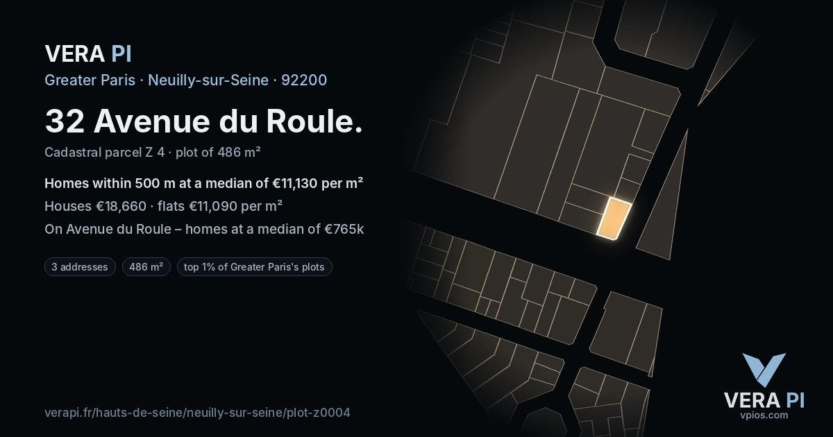 32 Avenue du Roule, Neuilly-sur-Seine at night – the plot lit, the parcels around coloured by the prices near them