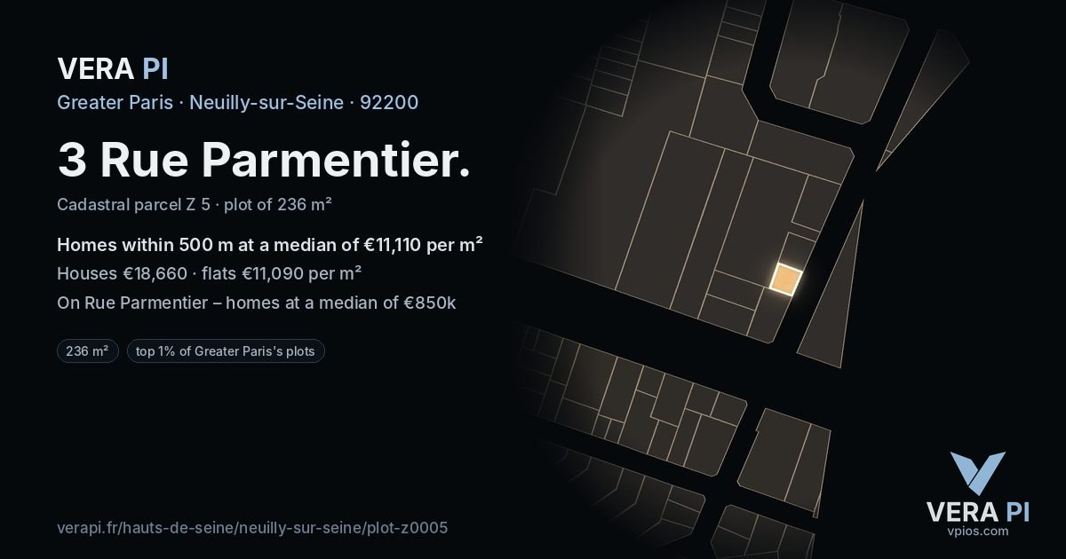 3 Rue Parmentier, Neuilly-sur-Seine at night – the plot lit, the parcels around coloured by the prices near them