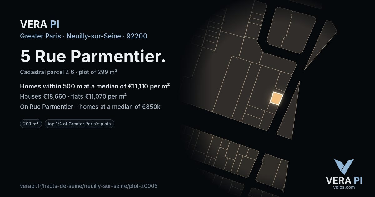 5 Rue Parmentier, Neuilly-sur-Seine at night – the plot lit, the parcels around coloured by the prices near them