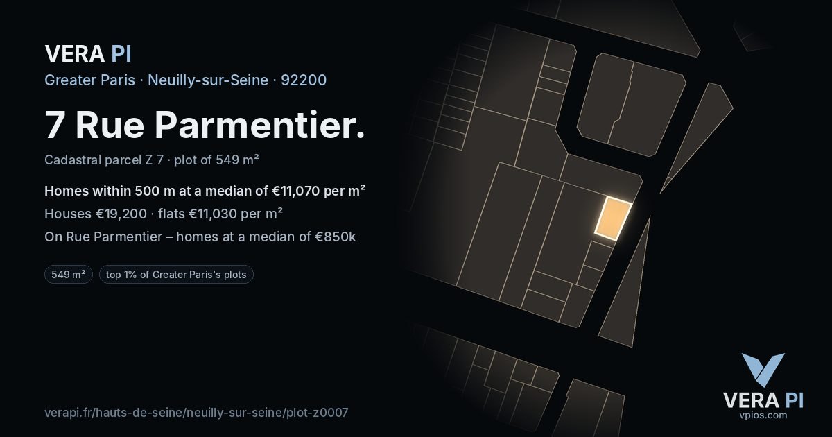 7 Rue Parmentier, Neuilly-sur-Seine at night – the plot lit, the parcels around coloured by the prices near them