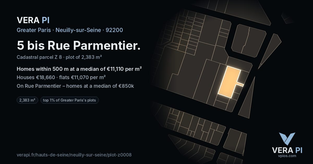 5 bis Rue Parmentier, Neuilly-sur-Seine at night – the plot lit, the parcels around coloured by the prices near them