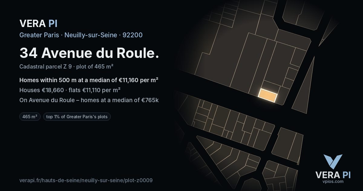 34 Avenue du Roule, Neuilly-sur-Seine at night – the plot lit, the parcels around coloured by the prices near them