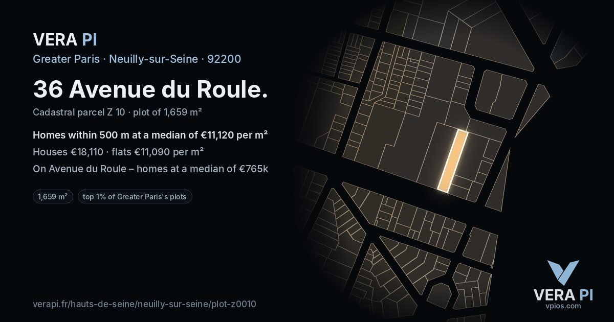 36 Avenue du Roule, Neuilly-sur-Seine at night – the plot lit, the parcels around coloured by the prices near them