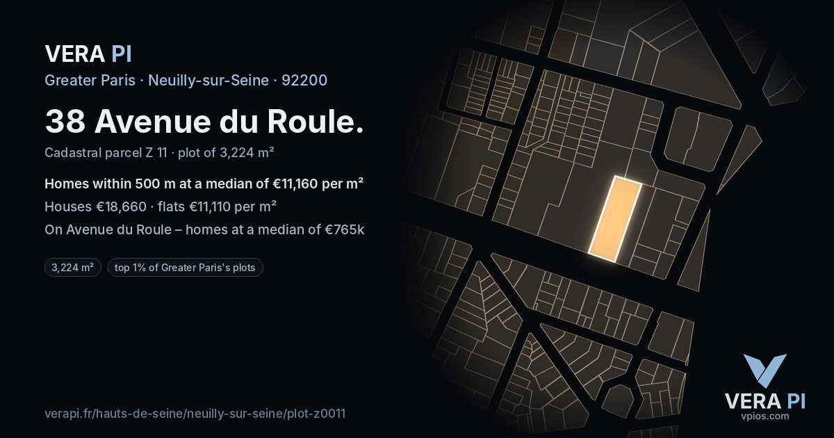 38 Avenue du Roule, Neuilly-sur-Seine at night – the plot lit, the parcels around coloured by the prices near them
